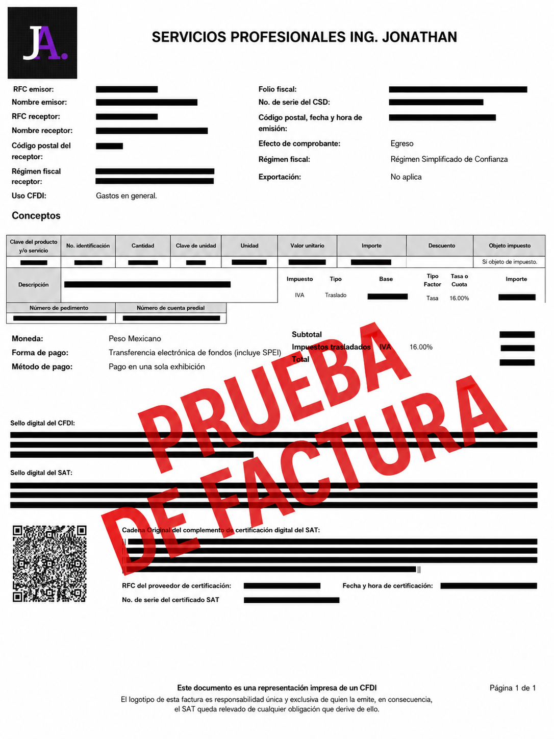 Ejemplo de factura CFDI 4.0 emitida por Jonathan Aguilar
